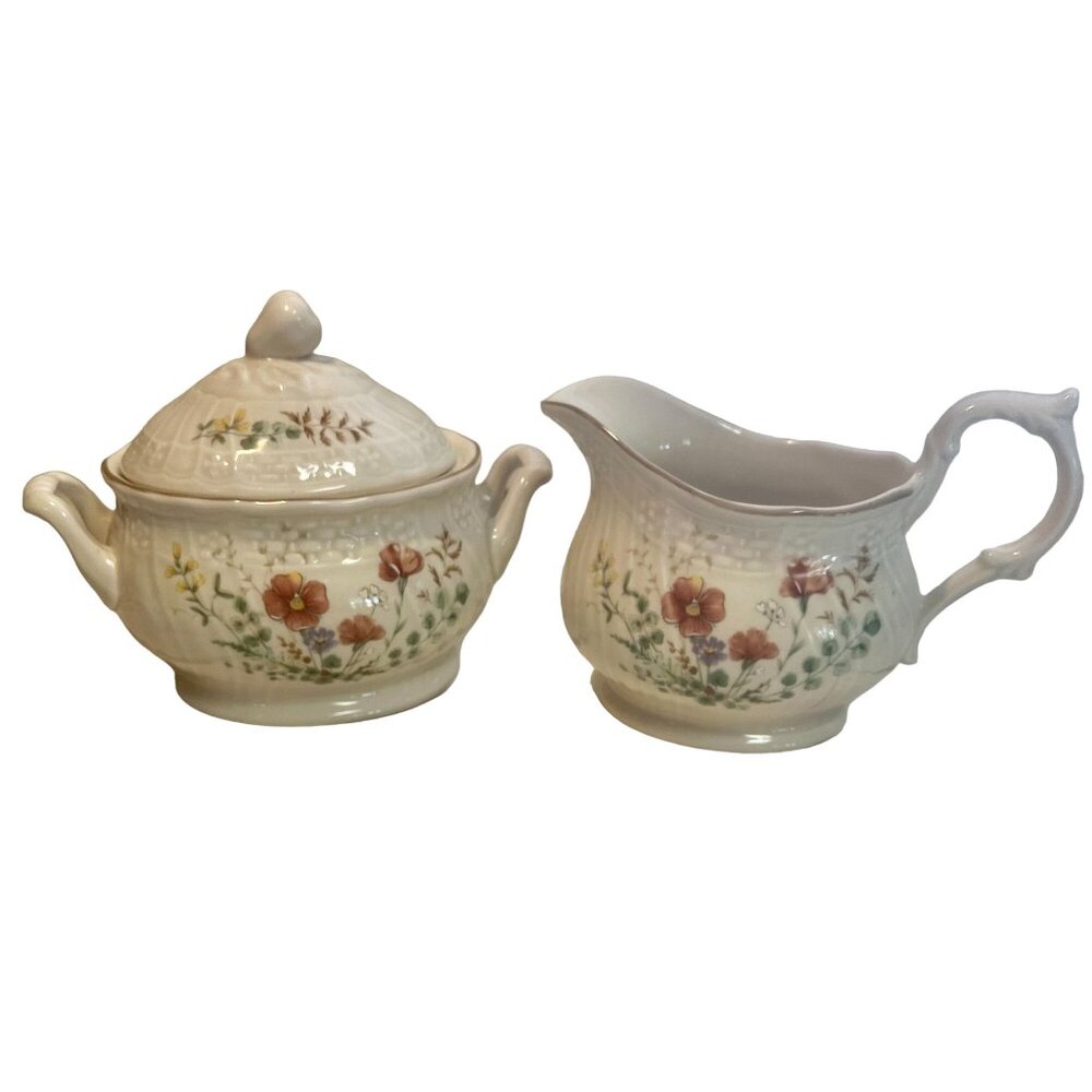 Vintage Mikasa Japan Margaux CREAM & SUGAR W/LID Ivory Floral Porcelain D1006